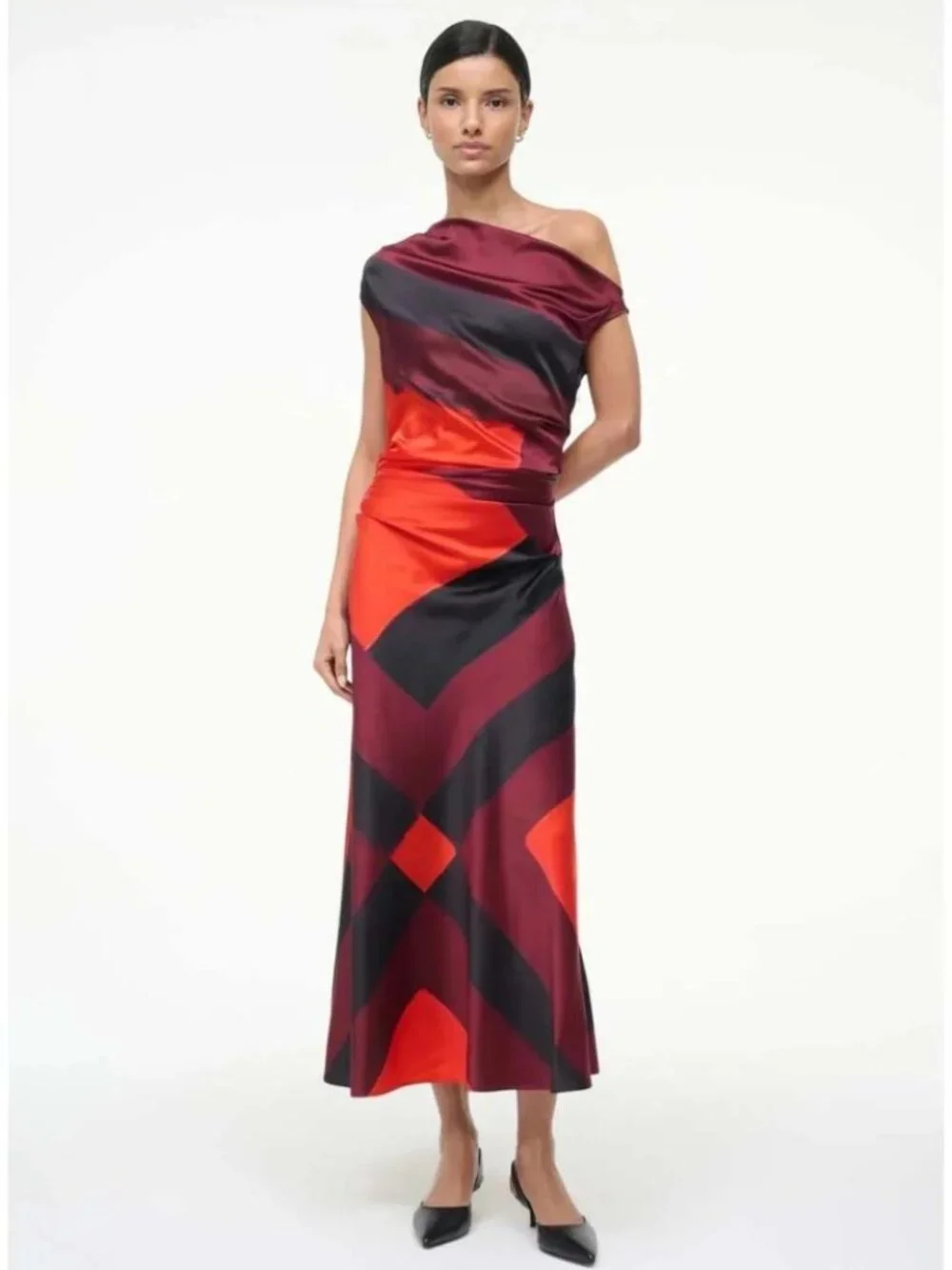 STAUD Phare One-Shoulder Silk Midi Dress Ruby Prism Size 6